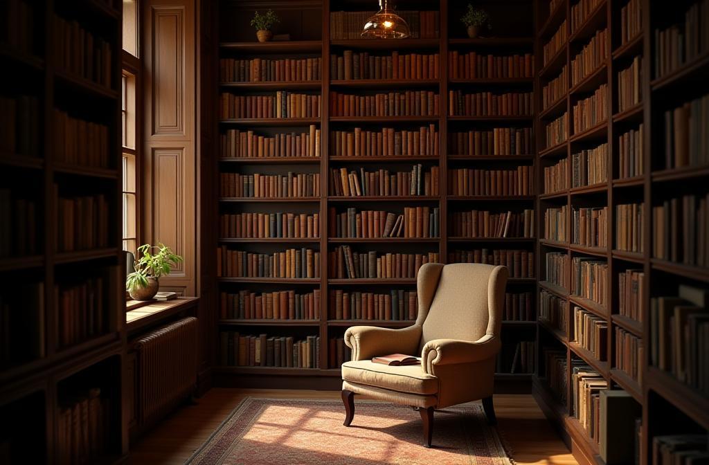 Ambiente de leitura aconchegante com livros em prateleiras