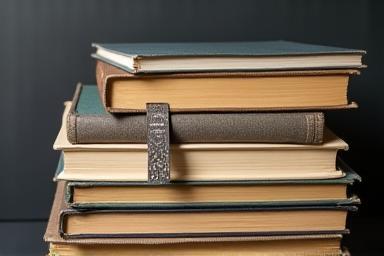 Pilha de livros com um marcador de página